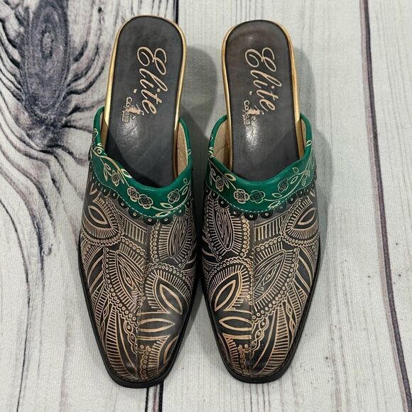 Elite by Corky's Shoes Womens 7 Scroll Leather Heeled Mules Green Brown Tan - Picture 2 of 8